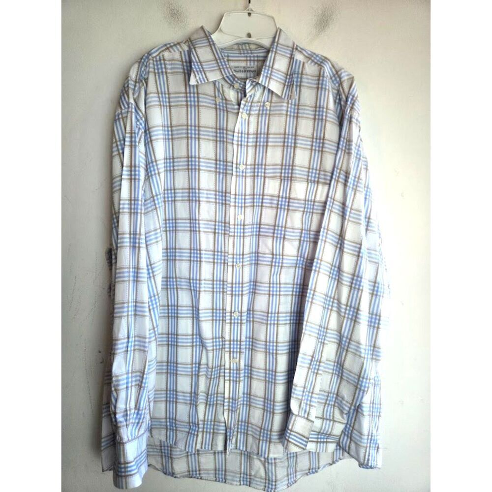 Maus & Hoffman Men White Blue Plaid Made in Switzerland Button Up Shirt size XXL